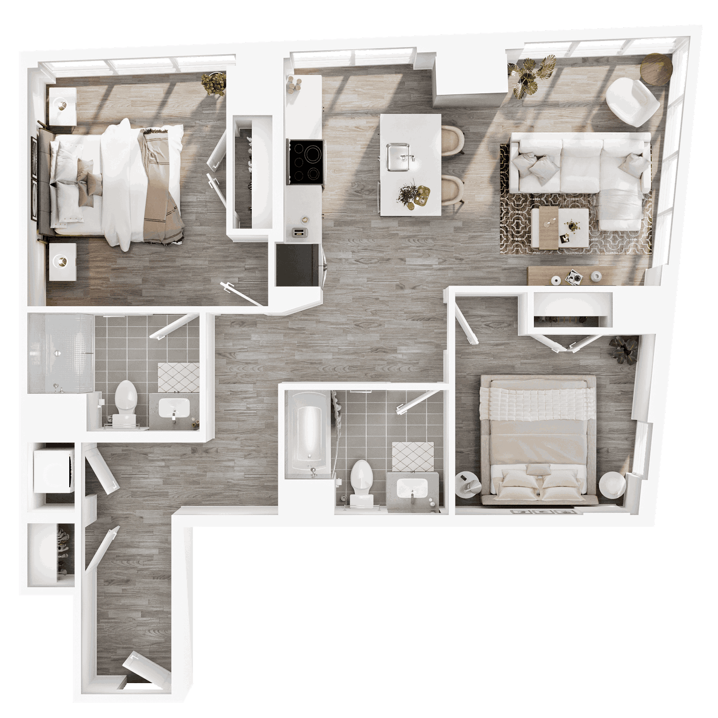Floor plan for 2 beds, 2 baths, 1031 sqft
